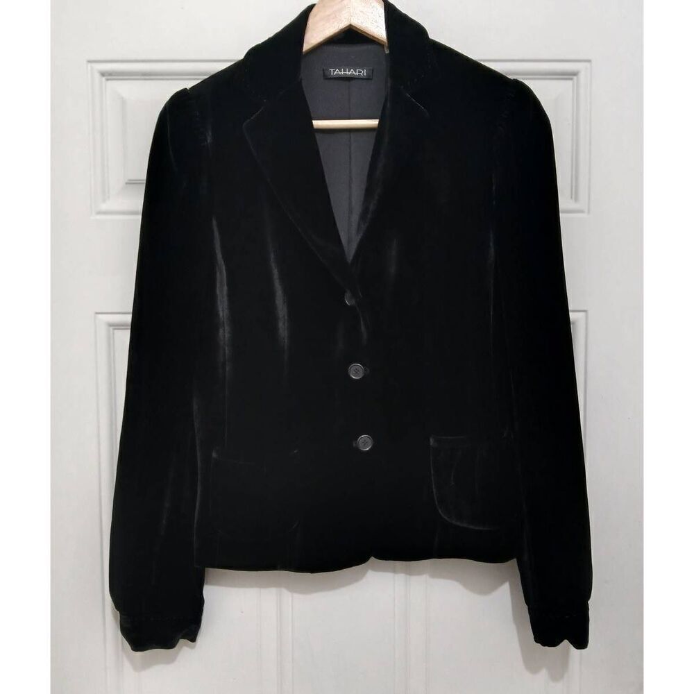 Tahari womens small black silk velvet blazer jacket